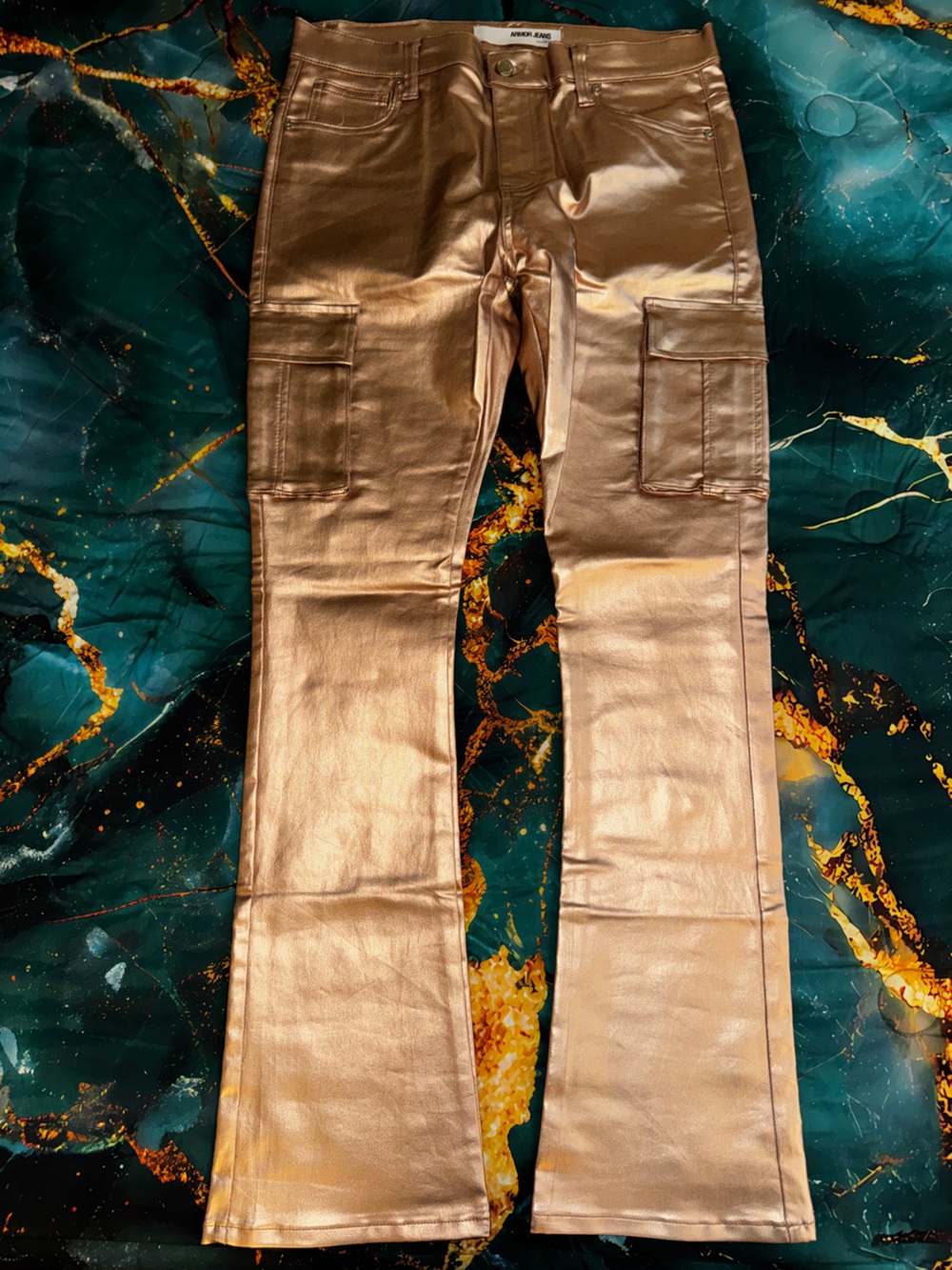 Armor Jeans - Metallic Rose Gold Stacked Cargo Pant Jeans - Size 36